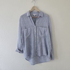 Pure Navy Classic Linen Button-Down Shirt Pinstripe Curved high-low size Medium